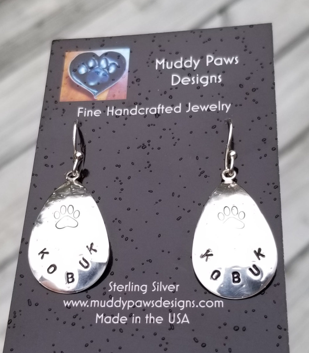 Dog cat paw animal lover Sterling Silver tear drop earrings hand stamped paw birthday holiday gift