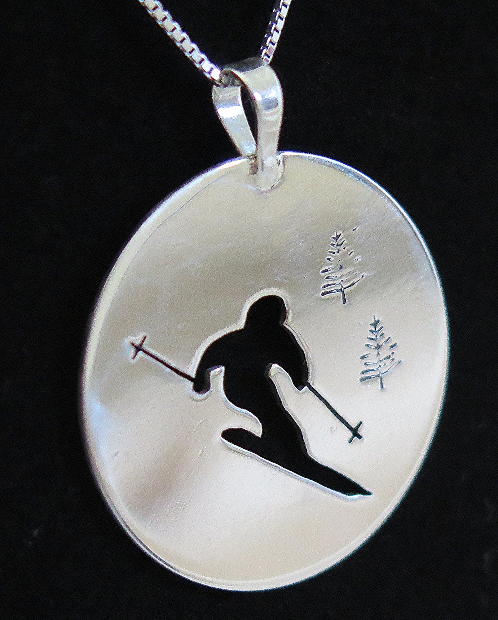 Skier jewelry SET sterling silver 3/4" dia earrings and 1" dia pendant handsawn necklace holiday gift ski lover winter jewelry Free shipping and gift box