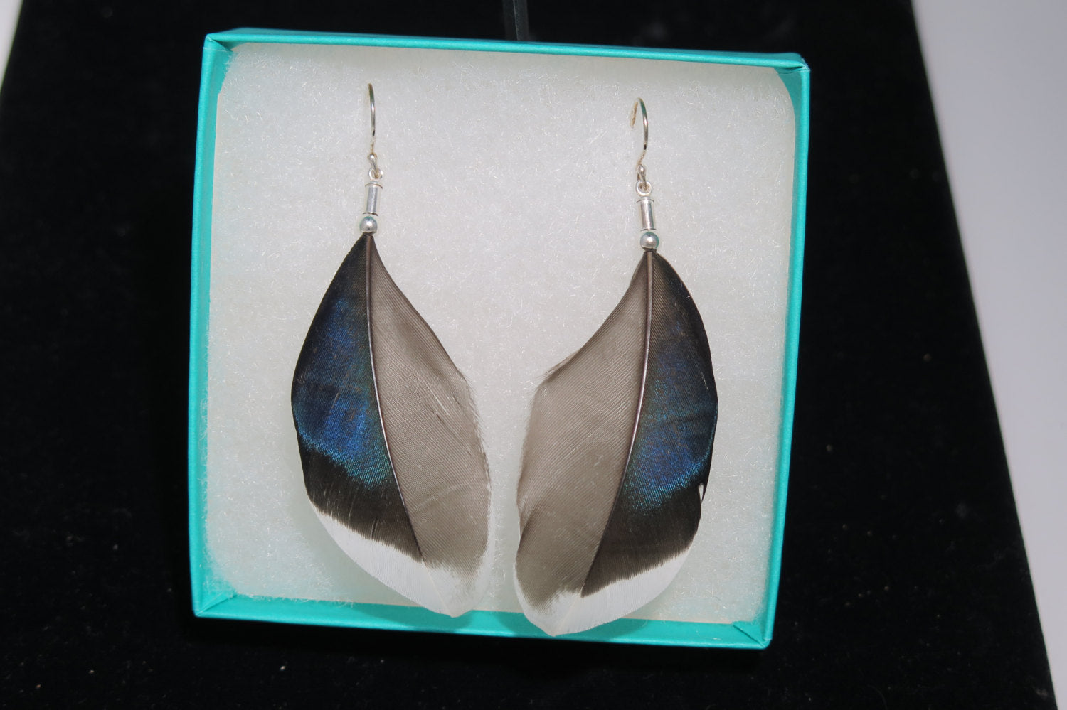 feather real mallard duck feather sterling silver drop earrings iridescent purple select drop length free gift box