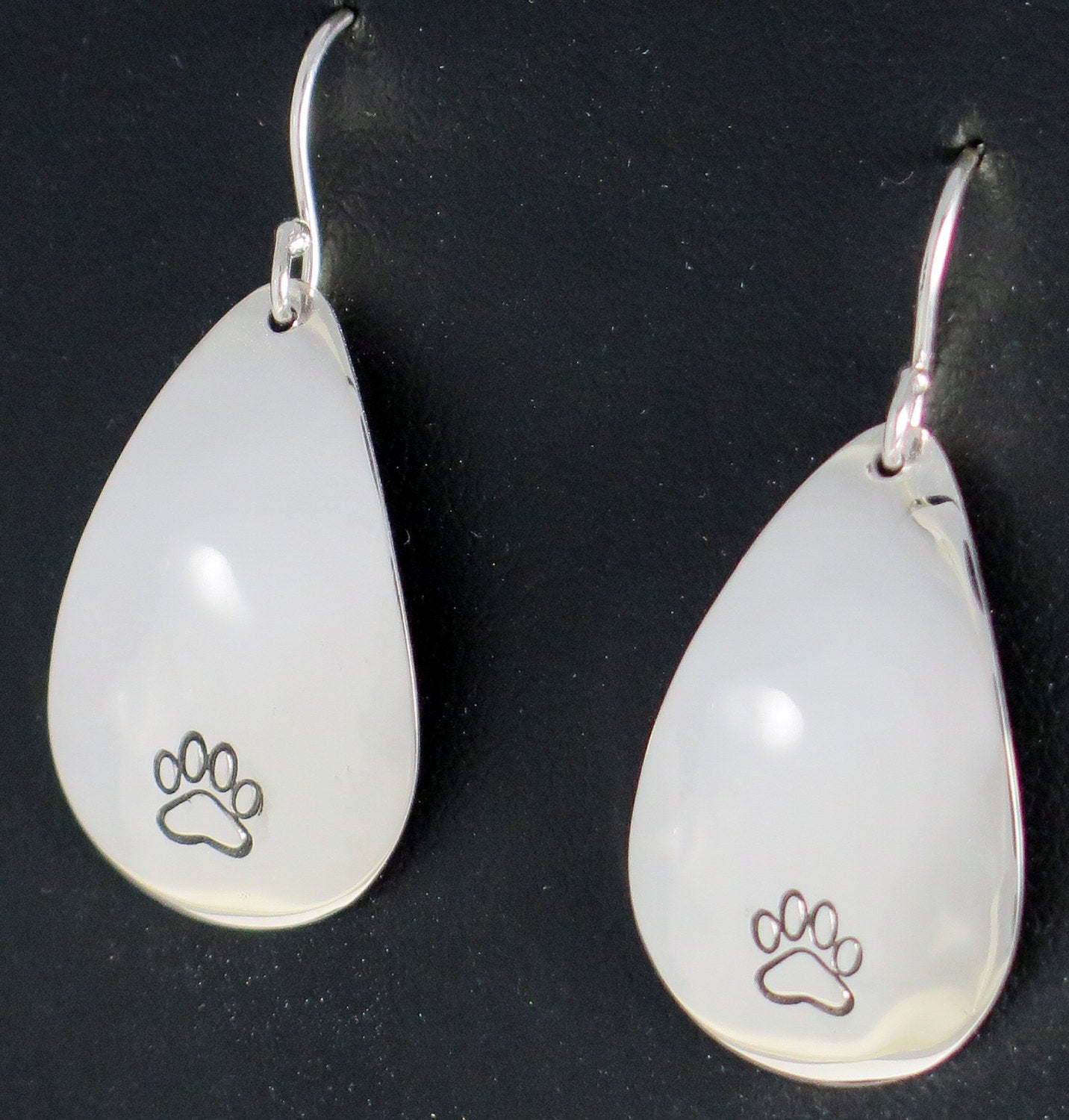 Dog cat paw animal lover Sterling Silver tear drop earrings hand stamped paw birthday holiday gift