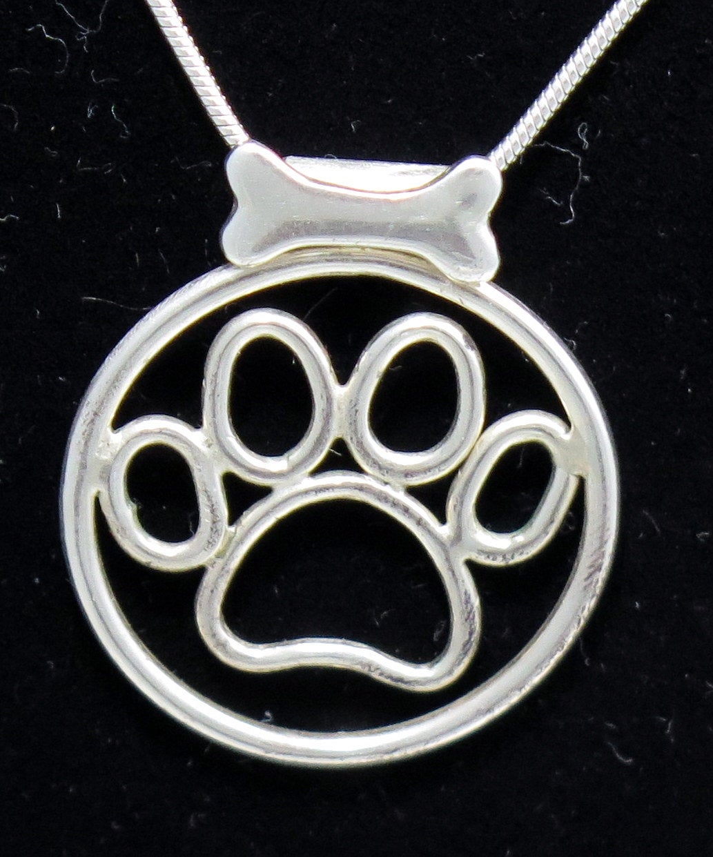 sterling silver dog paw wire shaped with bone bail pendant for dog lover on 18 inch sterling chain handmade