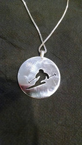 Skier mountain ski lover alpine racer winter sports hand sawn 1" sterling silver pendant holiday birthday gift free shipping sterling chain gift box