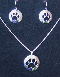 dog or cat paw animal lover hand sawn sterling silver jewelry SET pendant necklace drop earrings free shipping and gift box