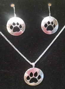 sterling silver dog paw hand sawn silhouette pendant and earrings jewlery set for dog lover free ship and gift box