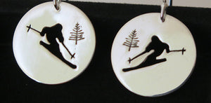 skier silhouette hand sawn earrings in 3/4 inch sterling silver discs on french ear wires skier pendant  sold separate