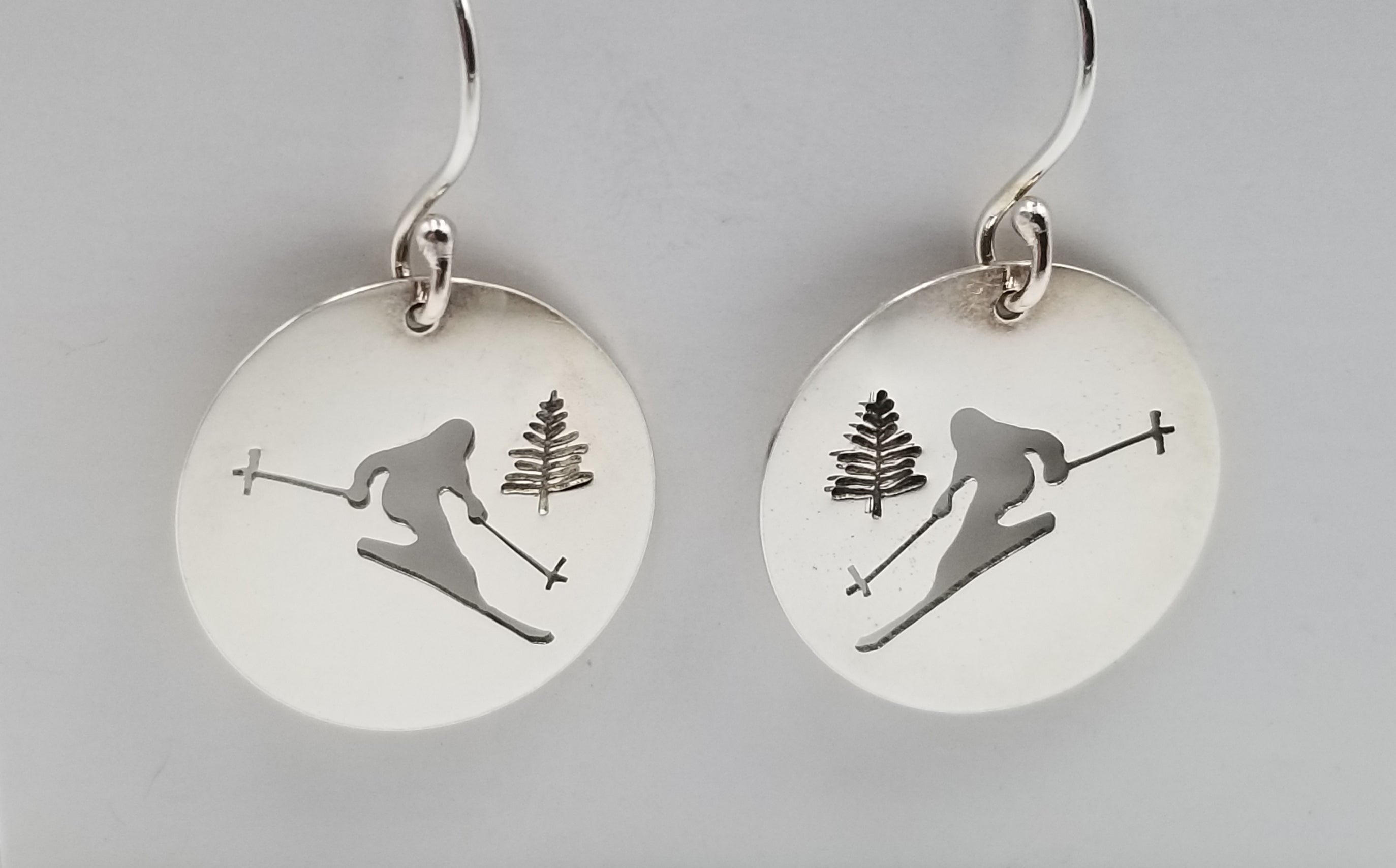 Skier jewelry SET sterling silver 3/4" dia earrings and 1" dia pendant handsawn necklace holiday gift ski lover winter jewelry Free shipping and gift box