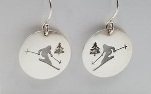 Skier sterling silver 3/4" earrings hand sawn skier gift alpine ski racer outdoors winter lover hand sawn sterling jewelry birthday gift free shipping and gift box