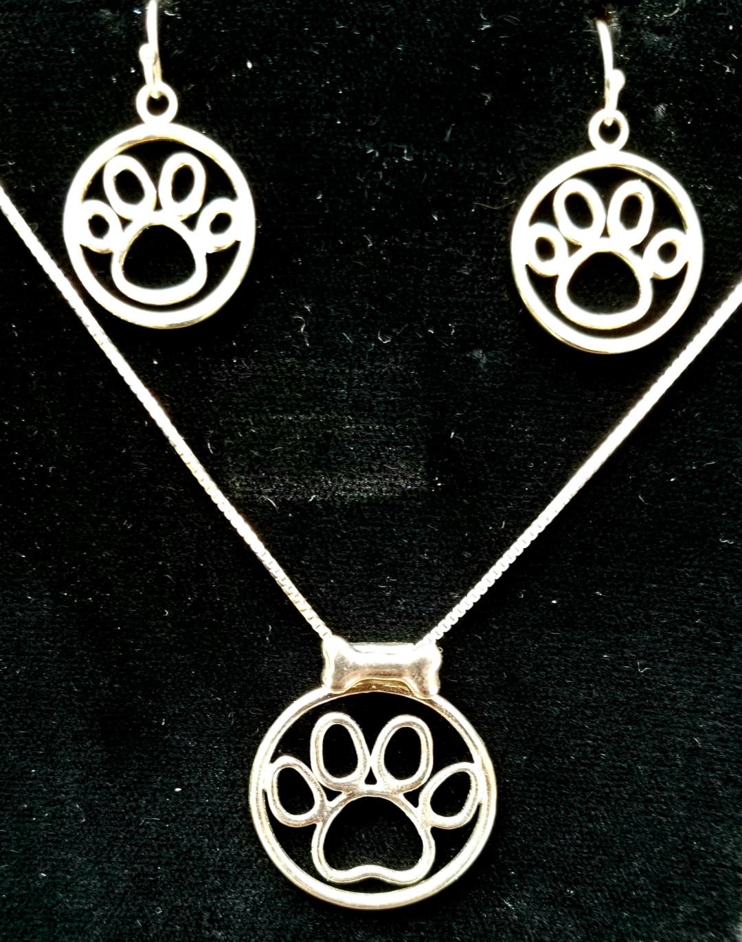 dog paw bone sterling silver earrings and pendant jewelry SET sterling chain birthday holiday gift handcrafted design free shipping and gift box