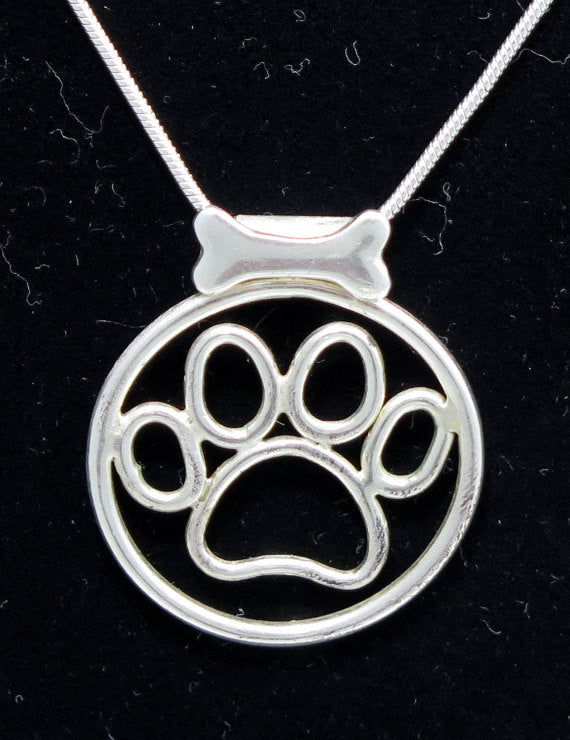 sterling silver dog paw jewelry set wire shaped with bone bail pendant for dog lover on 18 inch sterling chain handmade and sterling wire paw shaped earrings